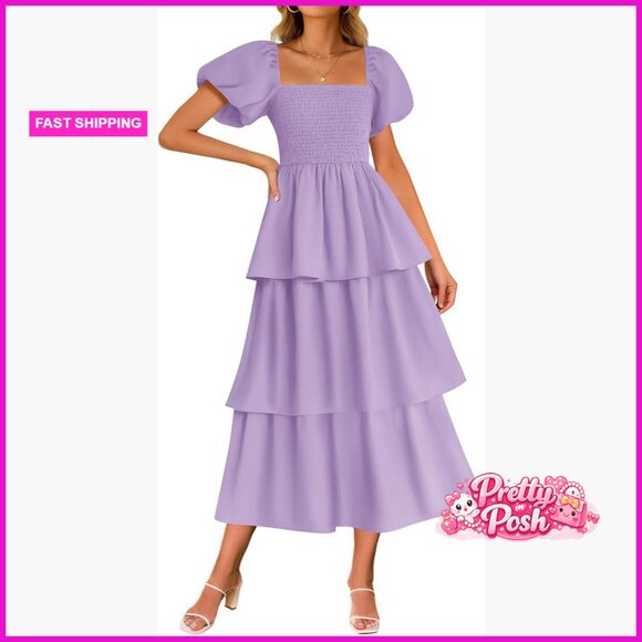 Dresses & Skirts - Puff Sleeve Midi Dress Backless Square Neck A-Line Tiered